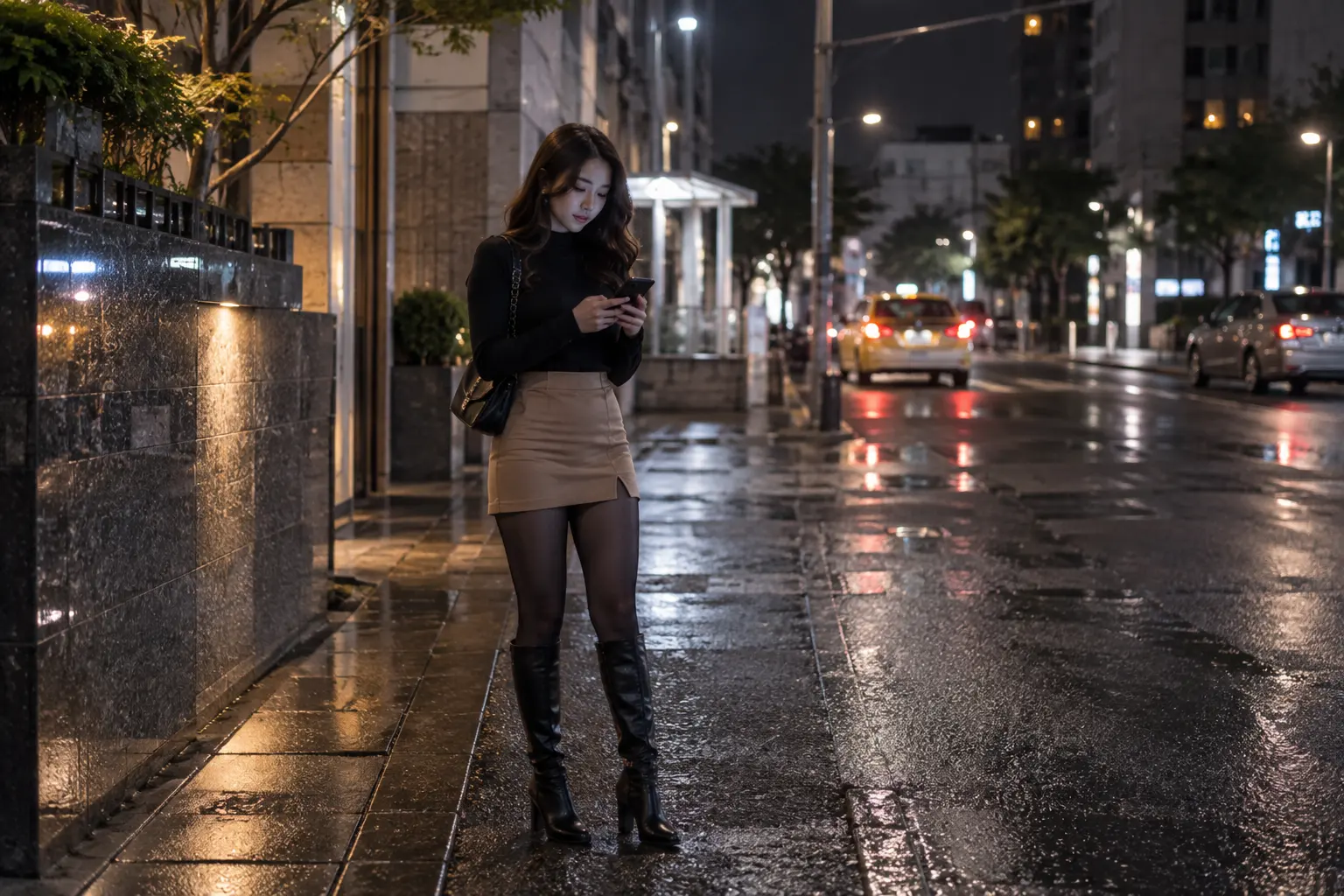 비 내린 대전 유성 거리에서 휴대전화를 확인하는 성인 여성