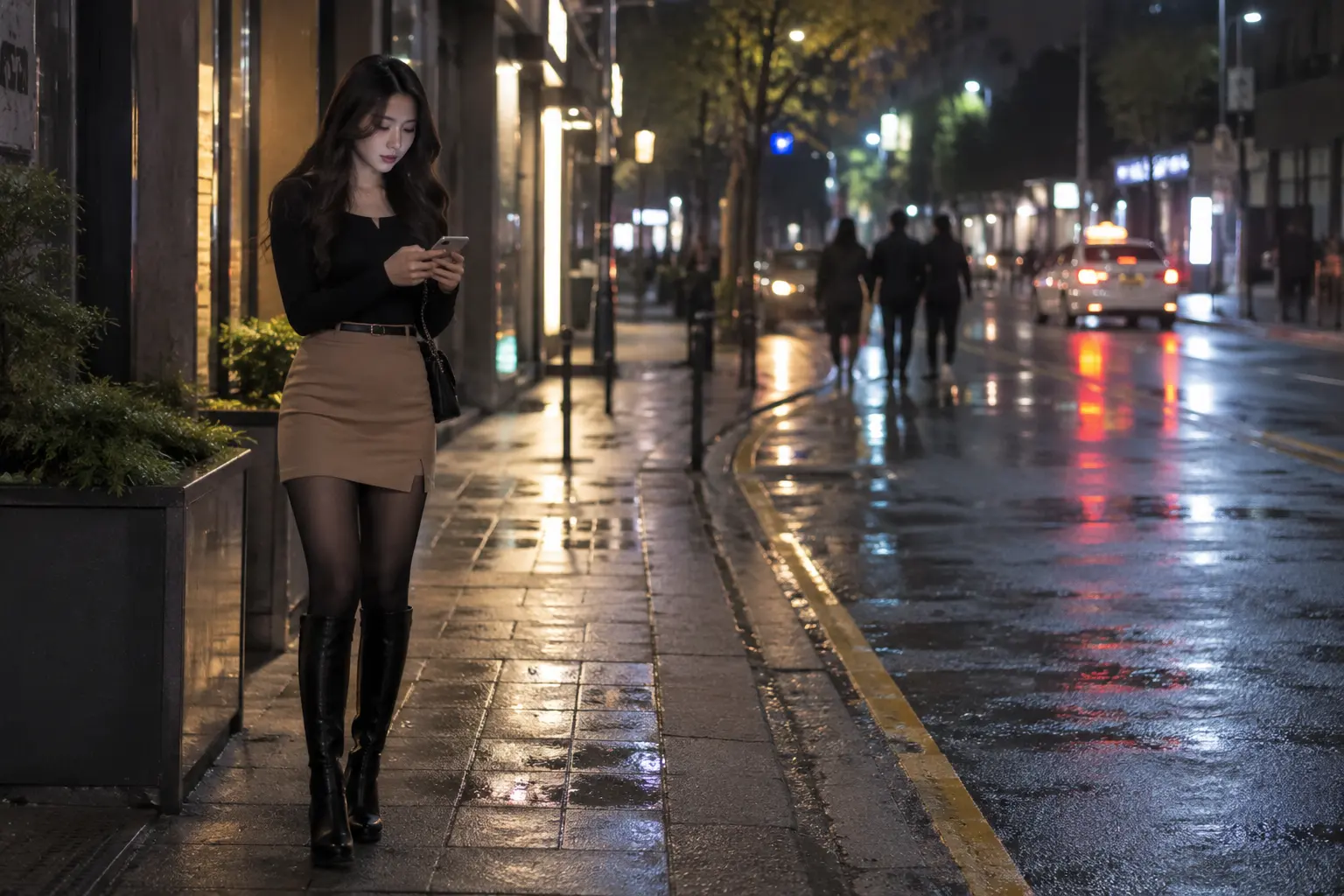 비 내린 대전 유성 거리에서 휴대전화를 확인하는 성인 여성