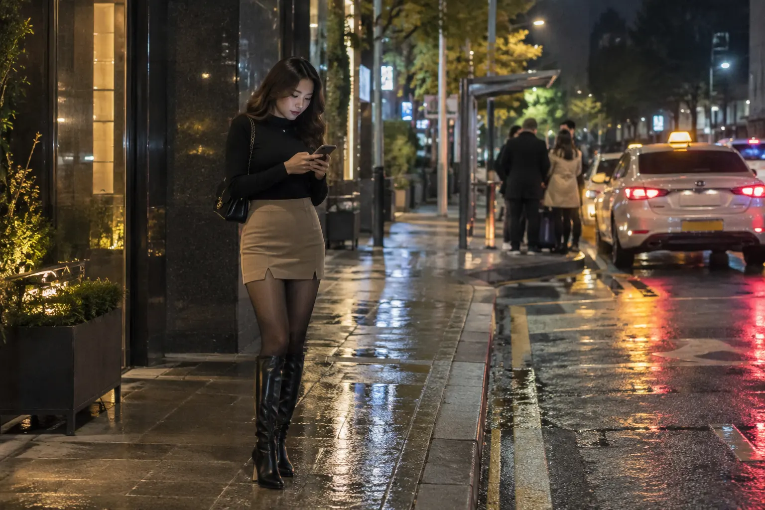 비 내린 대전 유성 거리에서 휴대전화를 확인하는 성인 여성