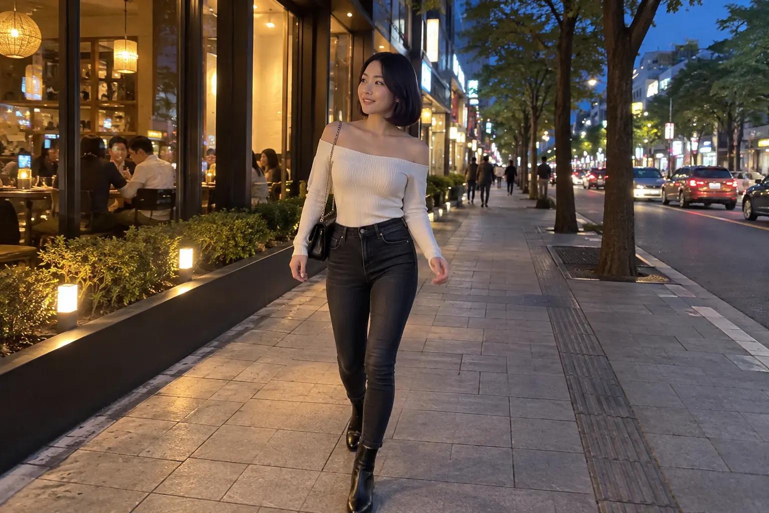 대전 유성 봉명동 거리에서 걷는 성인 여성