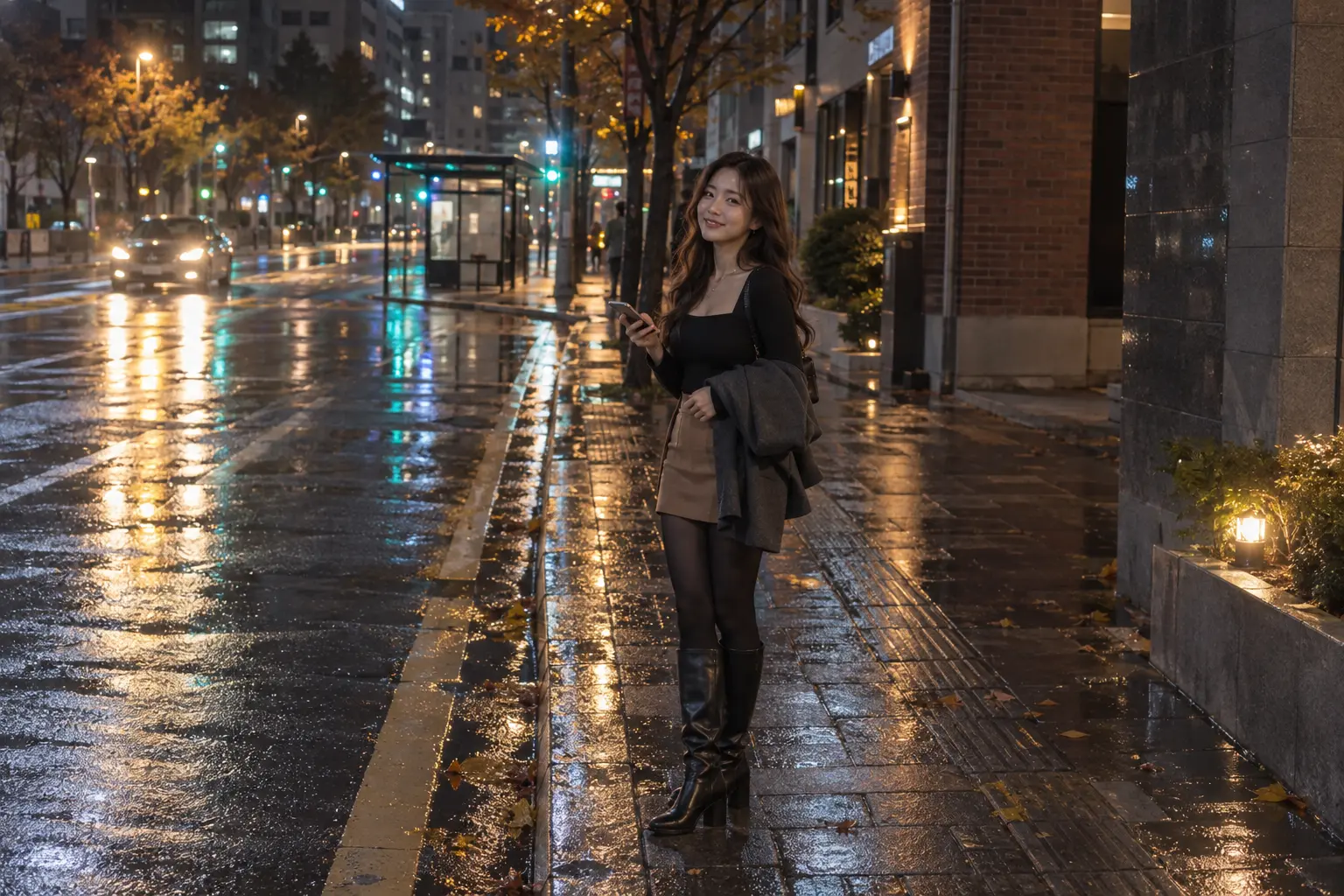 비 내린 대전 유성 거리에서 휴대전화를 확인하는 성인 여성